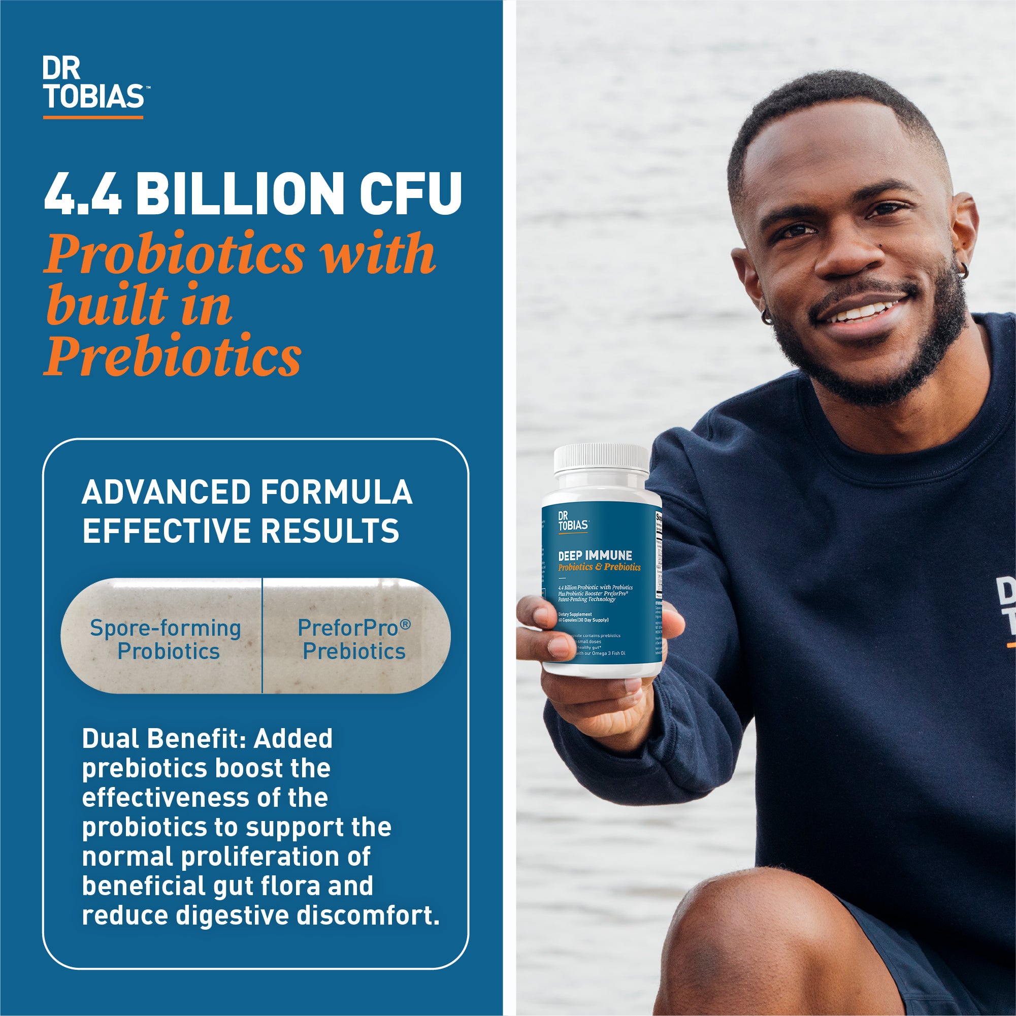 Dr. Tobias Deep Immune Probiotics & Prebiotics, Dual Action Digestion & Immune Support with PreforPro Prebiotics & Delayed Release Probiotics