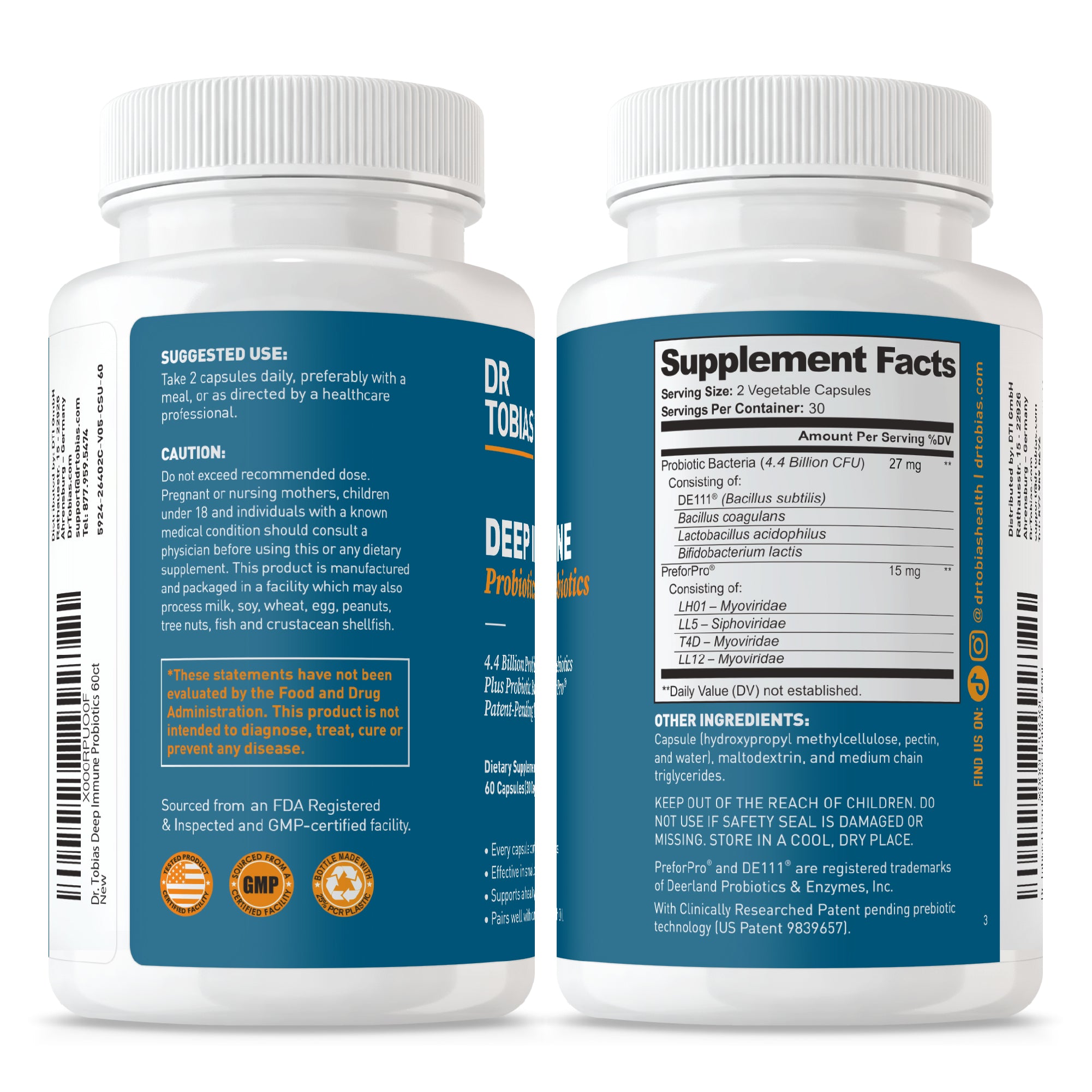 Dr. Tobias Deep Immune Probiotics & Prebiotics, Dual Action Digestion & Immune Support with PreforPro Prebiotics & Delayed Release Probiotics