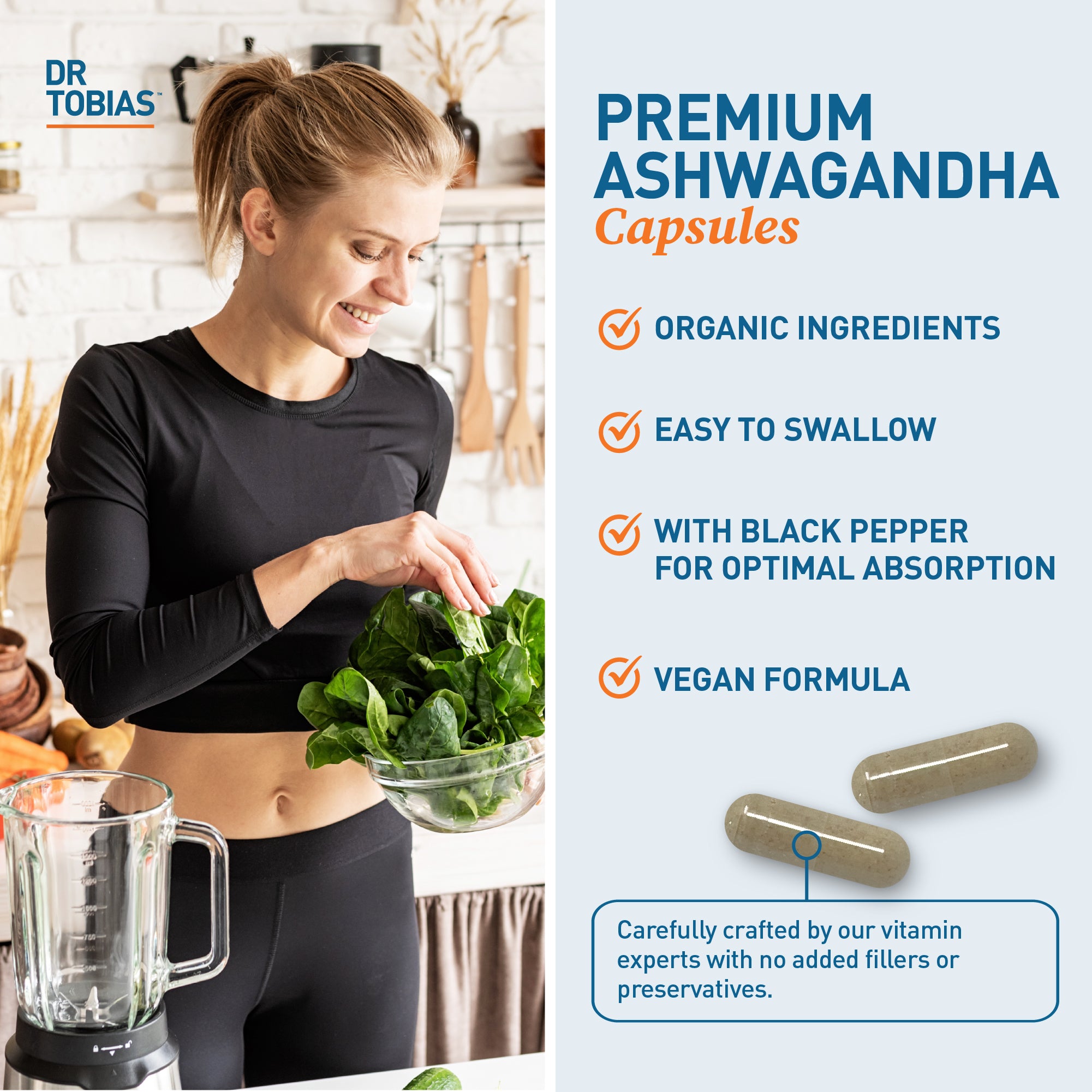 Dr. Tobias Ashwagandha Capsules, 1300mg Organic Ashwagandha Root Extract Per Serving with Black Pepper, Calming Adaptogen, Energy & Focus Supplement