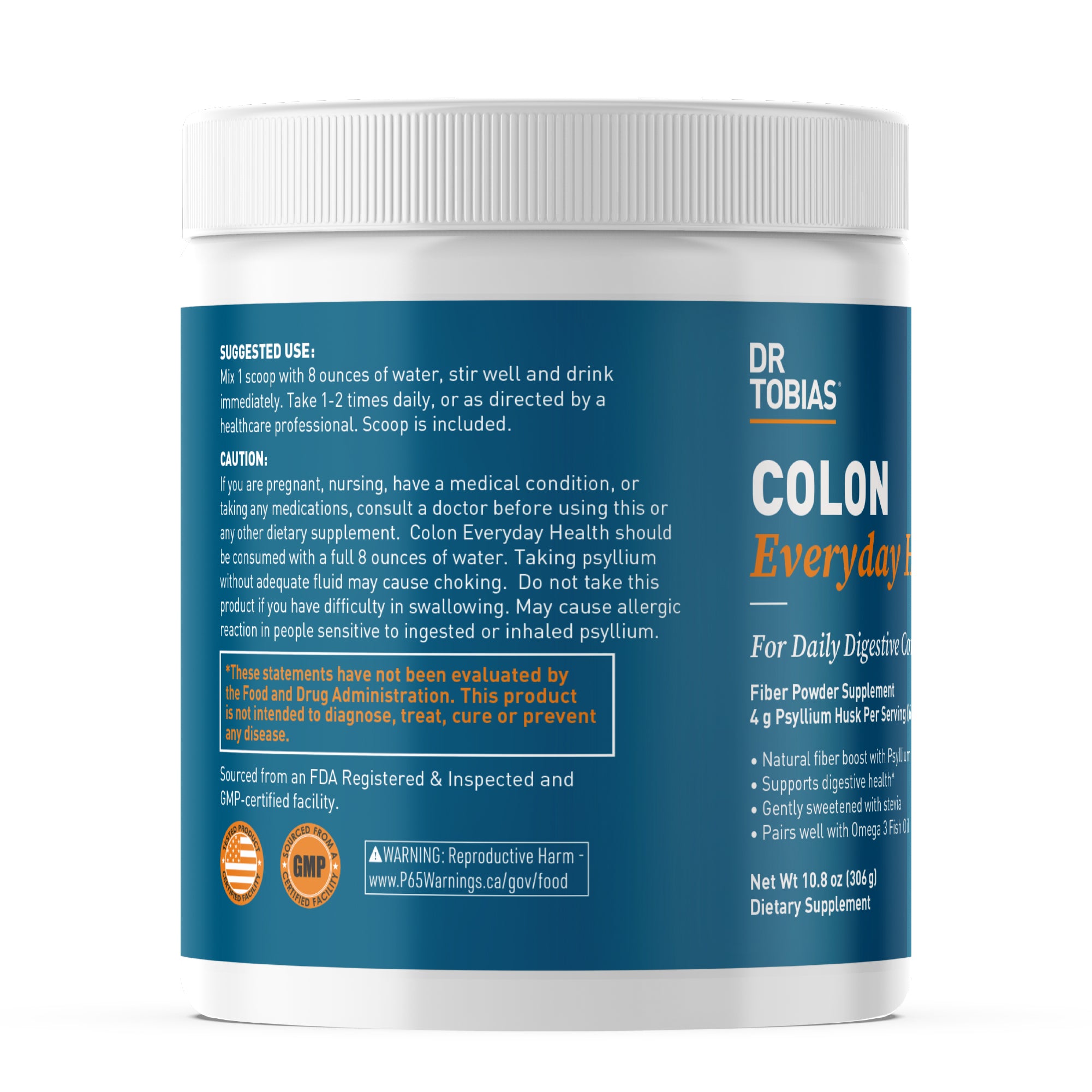 Dr. Tobias Colon Everyday Health - Gut Health for Women & Men Psyllium Fiber Powder Drink with 4g Psyllium Husk Powder per Serving, Strawberry Flavor