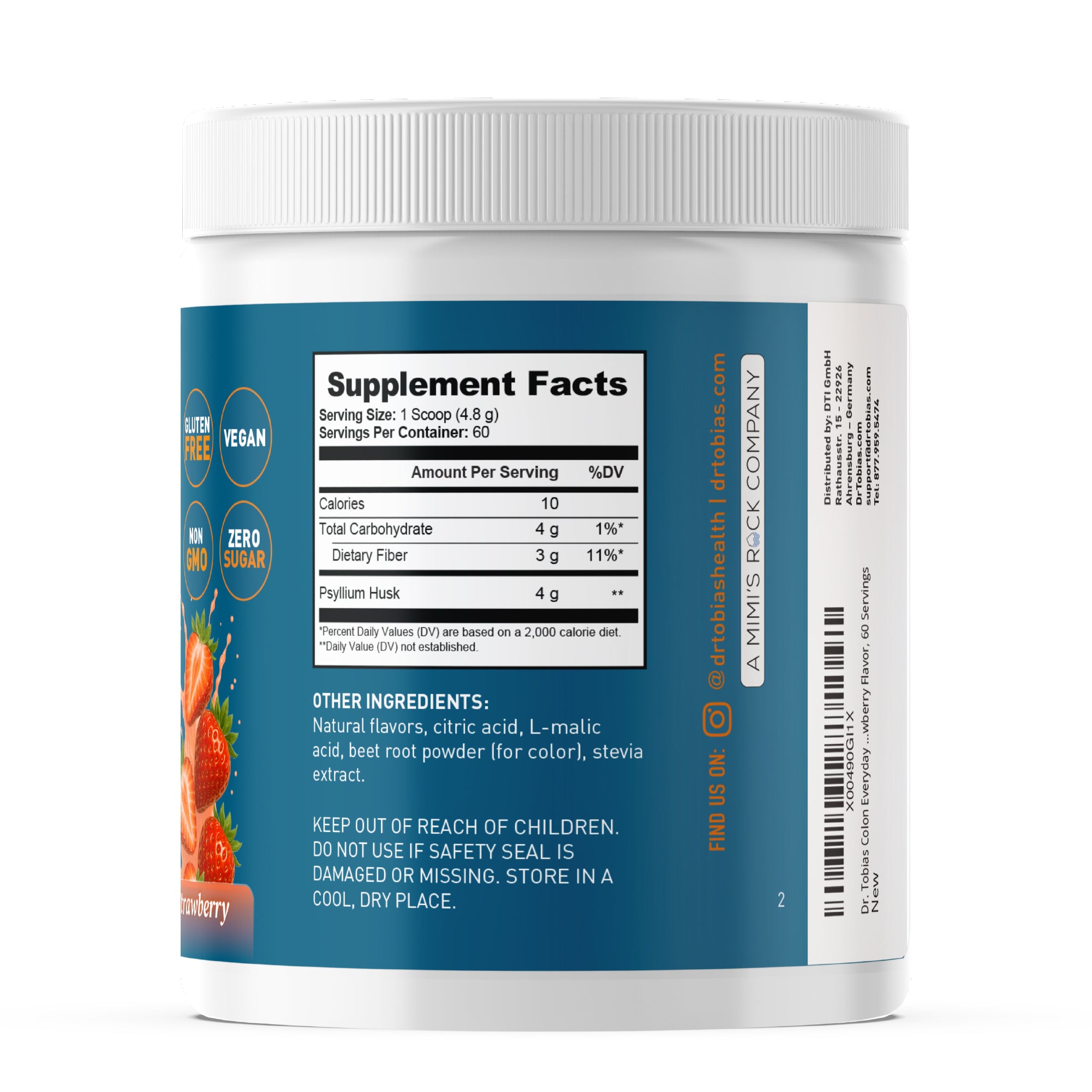 Dr. Tobias Colon Everyday Health - Gut Health for Women & Men Psyllium Fiber Powder Drink with 4g Psyllium Husk Powder per Serving, Strawberry Flavor