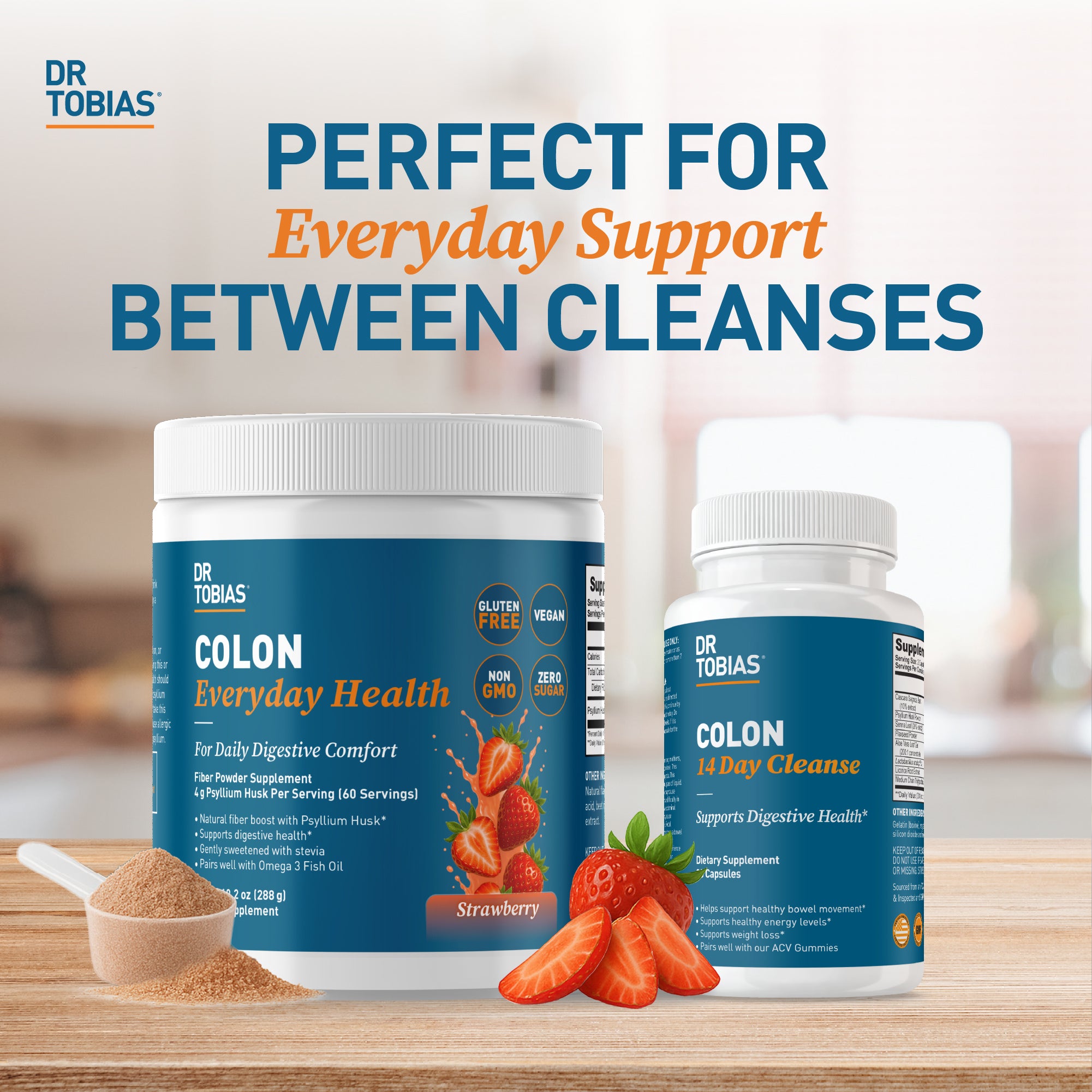Dr. Tobias Colon Everyday Health - Gut Health for Women & Men Psyllium Fiber Powder Drink with 4g Psyllium Husk Powder per Serving, Strawberry Flavor