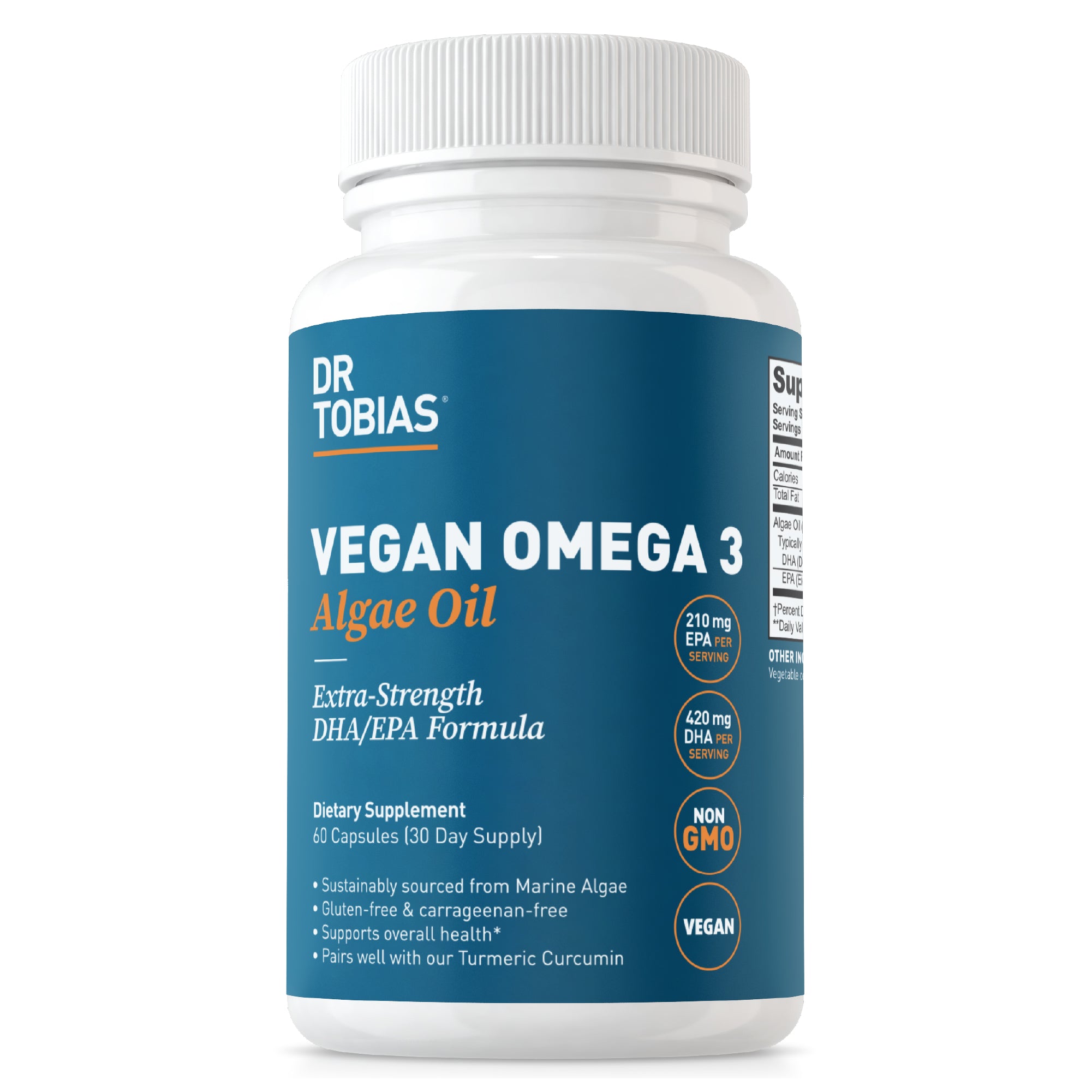 Dr. Tobias Vegan Omega 3 Supplement, 1400mg Algae Oil, 420mg DHA, and 210mg EPA per Serving, Non-GMO, Gluten-Free, Carrageenan-Free