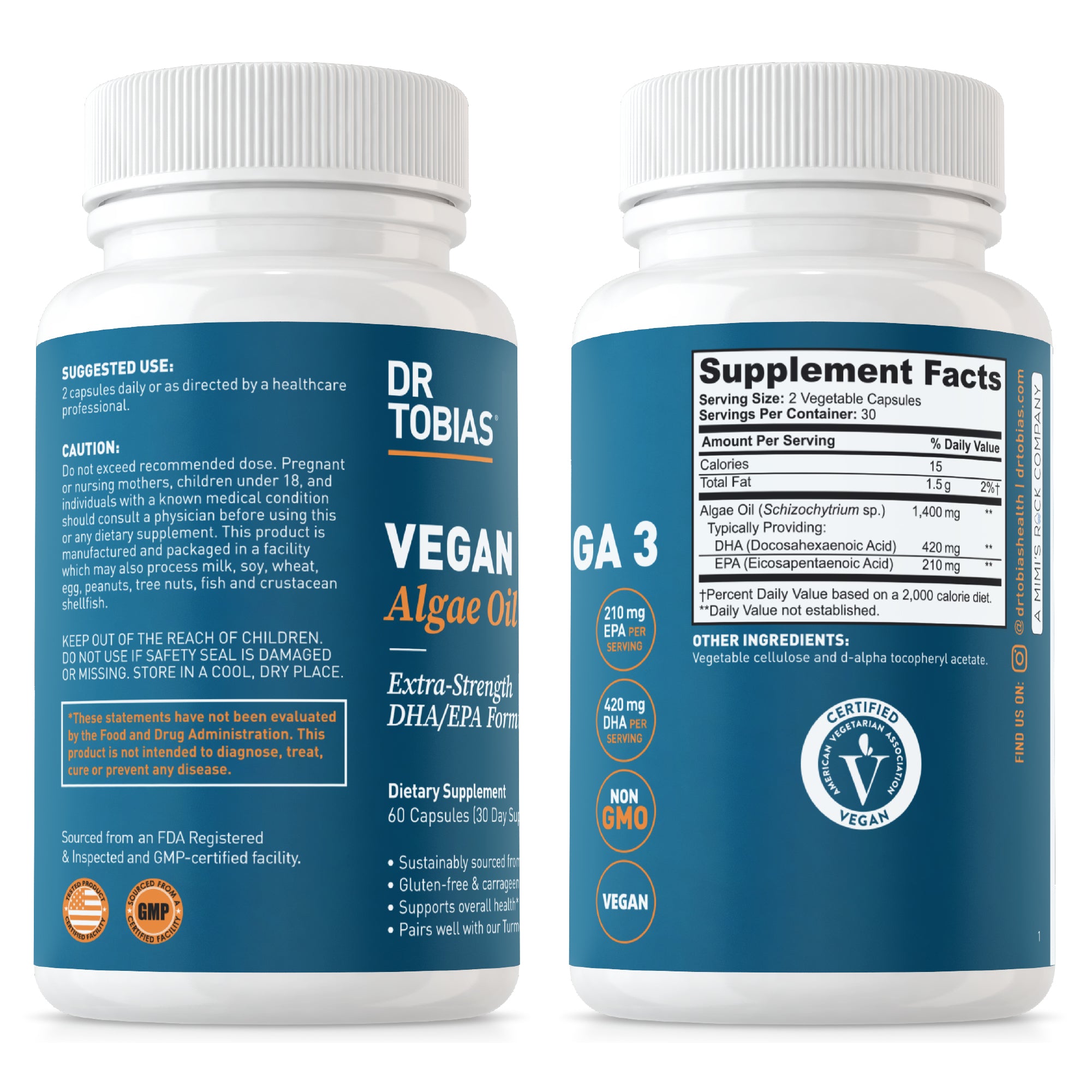 Dr. Tobias Vegan Omega 3 Supplement, 1400mg Algae Oil, 420mg DHA, and 210mg EPA per Serving, Non-GMO, Gluten-Free, Carrageenan-Free
