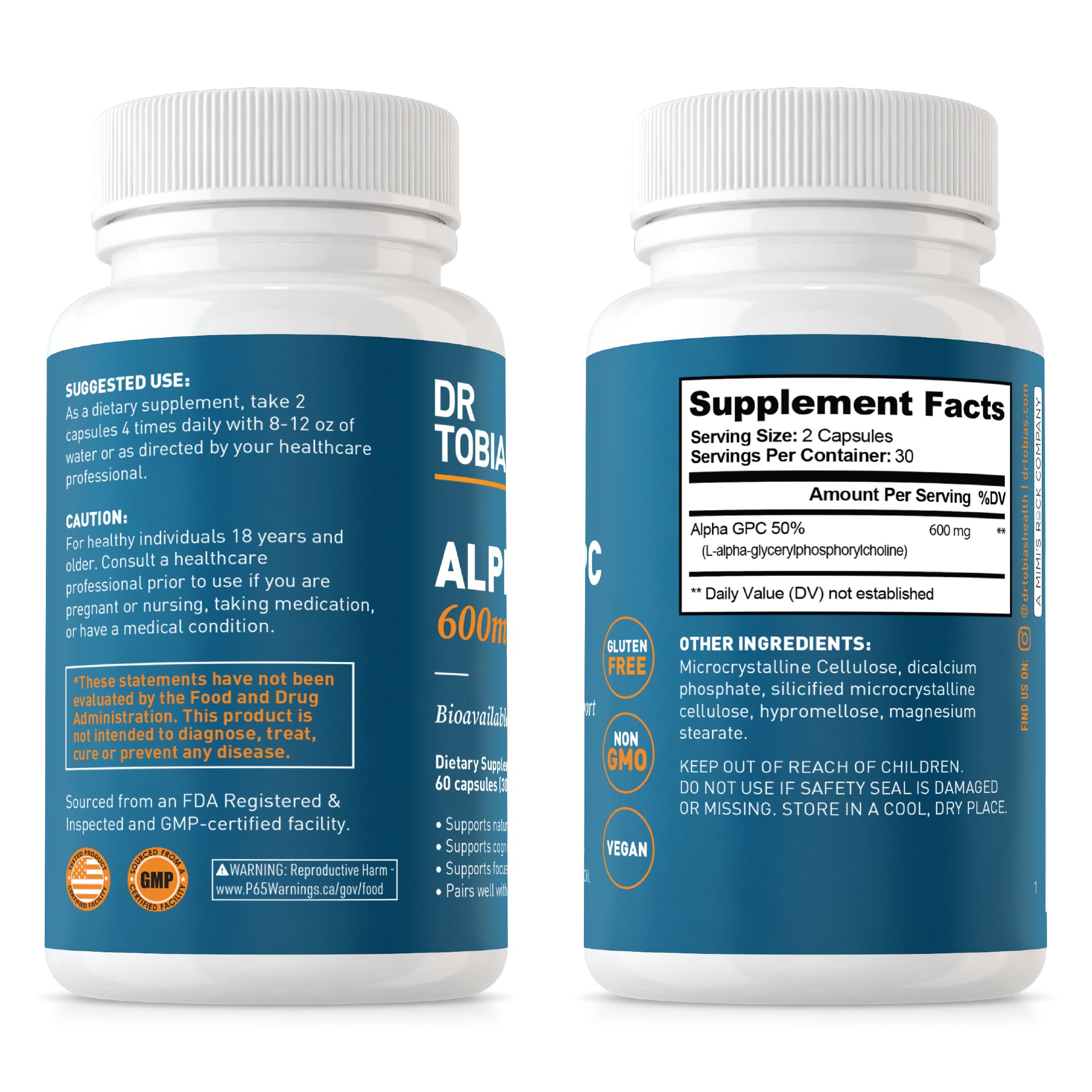 Dr. Tobias Alpha GPC 600mg Per Serving - Bioavailable Choline Supplements for Brain, Memory and Focus - Nootropic Alpha GPC Choline Supplement