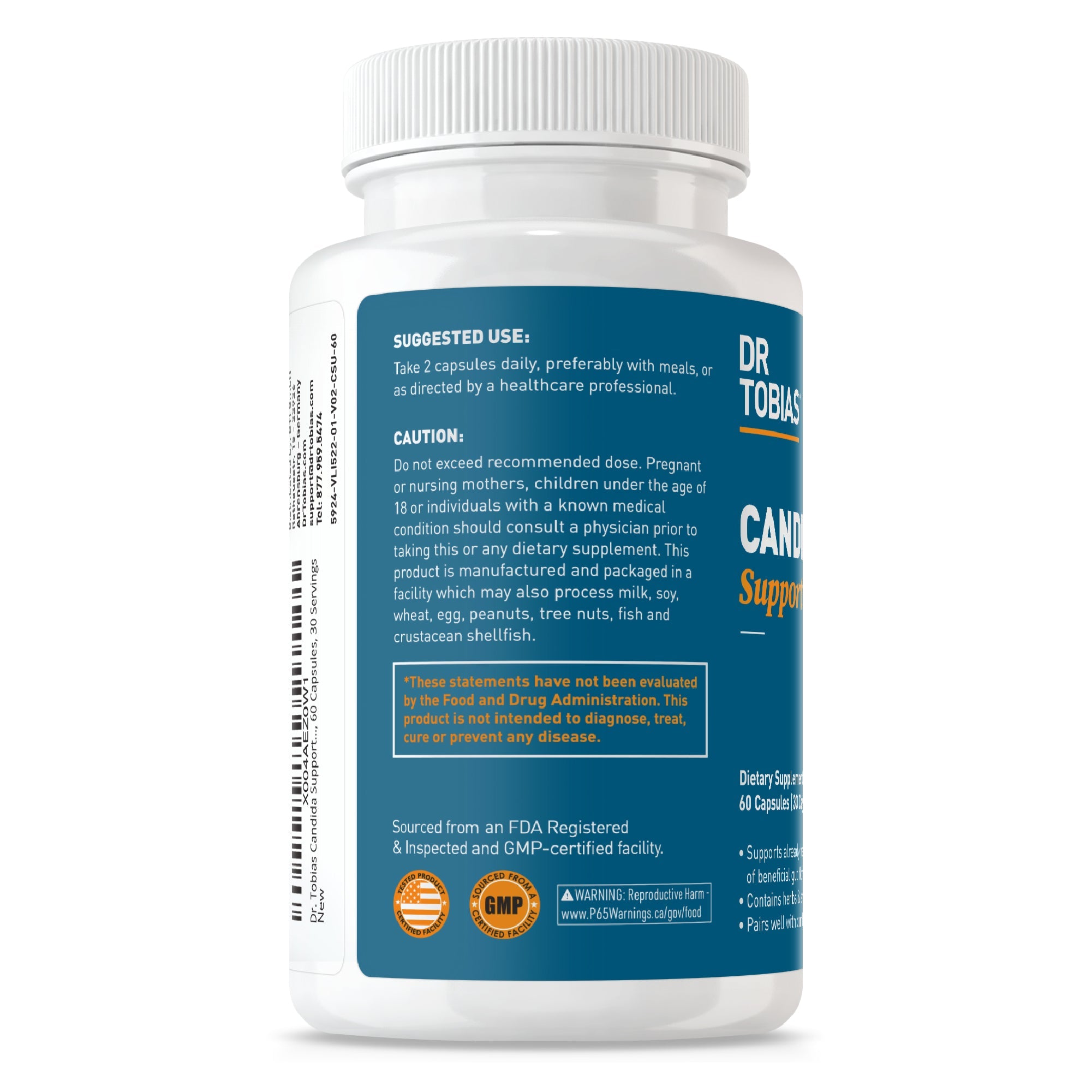 Supplement Facts panel showing Candida Support ingredients and dosages