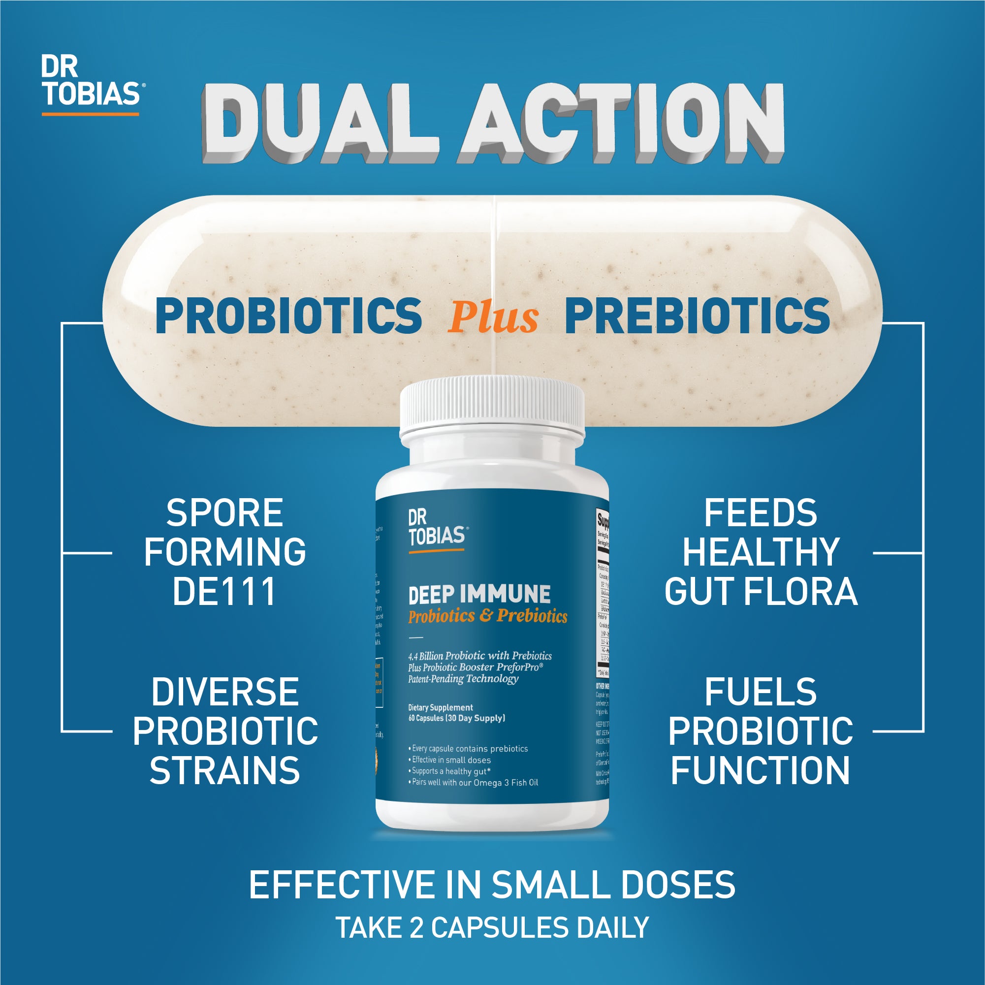 Dr. Tobias Deep Immune Probiotics & Prebiotics, Dual Action Digestion & Immune Support with PreforPro Prebiotics & Delayed Release Probiotics