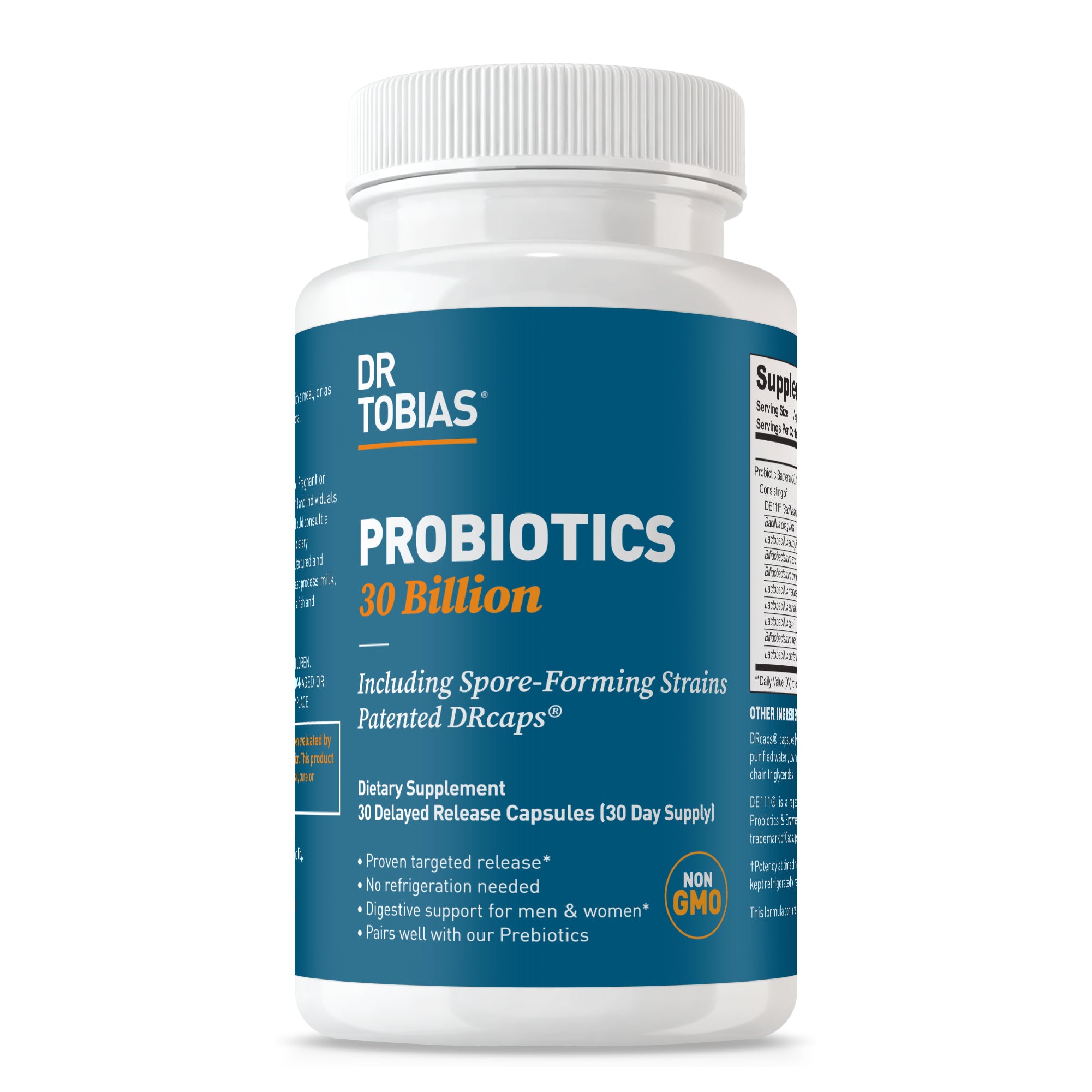 Dr. Tobias Probiotics 30 Billion, 10 Strains, 30 Billion CFU's, Targeted Release Probiotics for Women & Men, Supports Digestive Health, Shelf-Stable