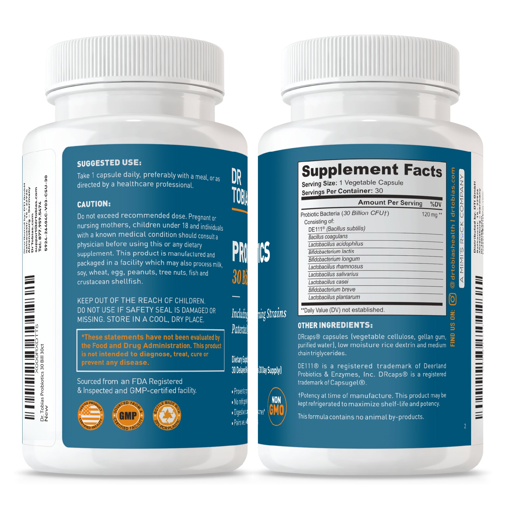 Dr. Tobias Probiotics 30 Billion, 10 Strains, 30 Billion CFU's, Targeted Release Probiotics for Women & Men, Supports Digestive Health, Shelf-Stable