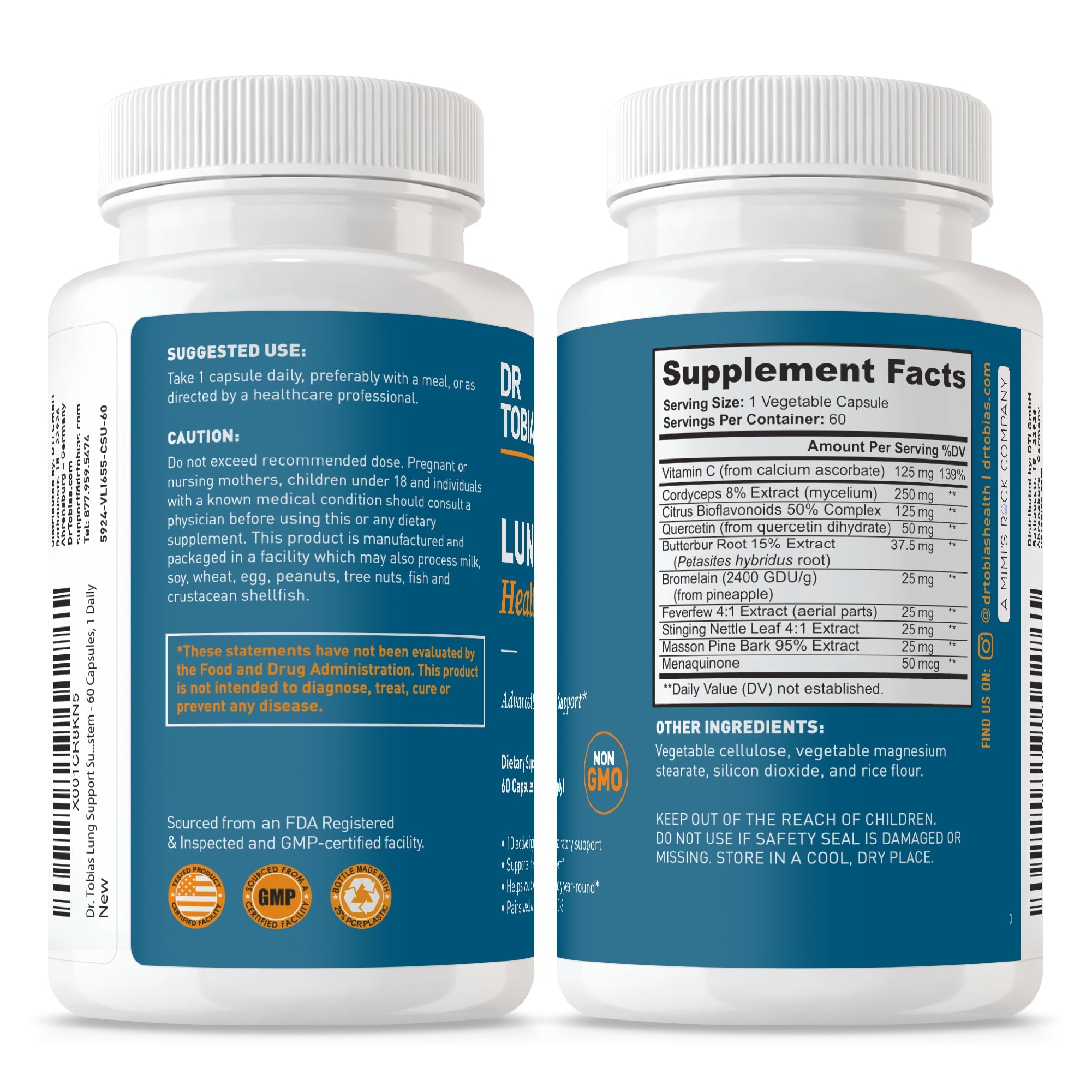 Two bottles of supplements with blue labels showing supplement facts and usage instructions.