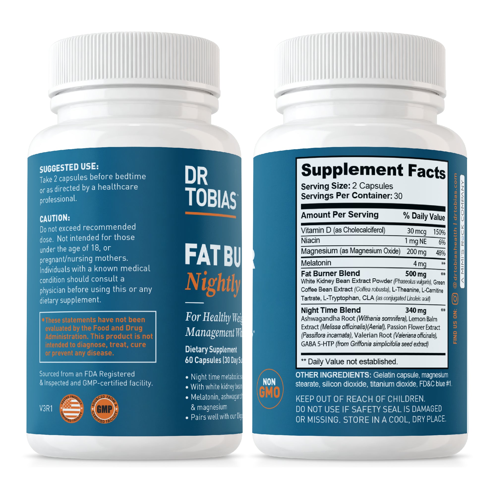 Dr. Tobias Fat Burner Nightly, Night Time Metabolic Support with White Kidney Bean Extract, Ashwagandha Root, Green Coffee Bean Extract & Melatonin