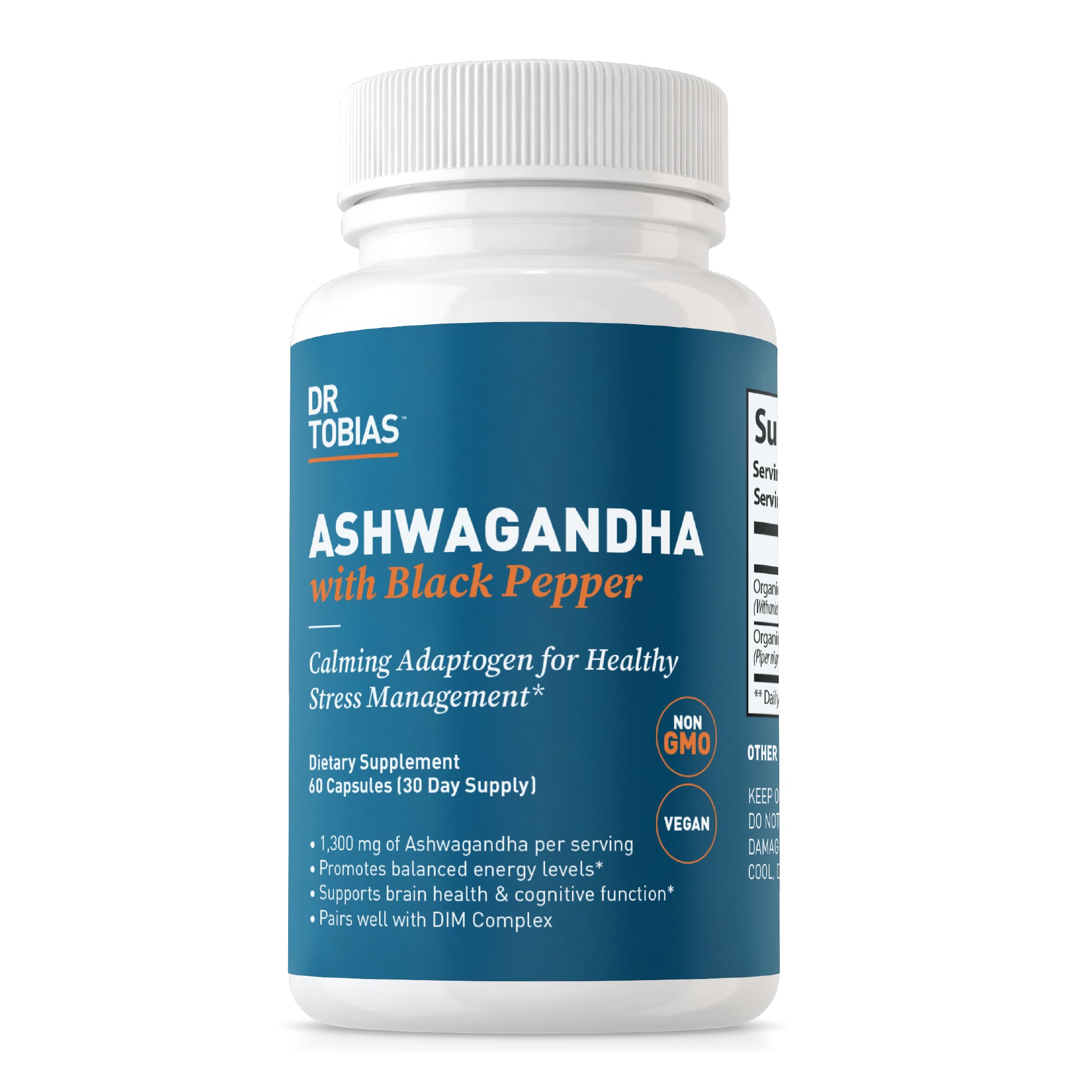 Dr. Tobias Ashwagandha Capsules, 1300mg Organic Ashwagandha Root Extract Per Serving with Black Pepper, Calming Adaptogen, Energy & Focus Supplement