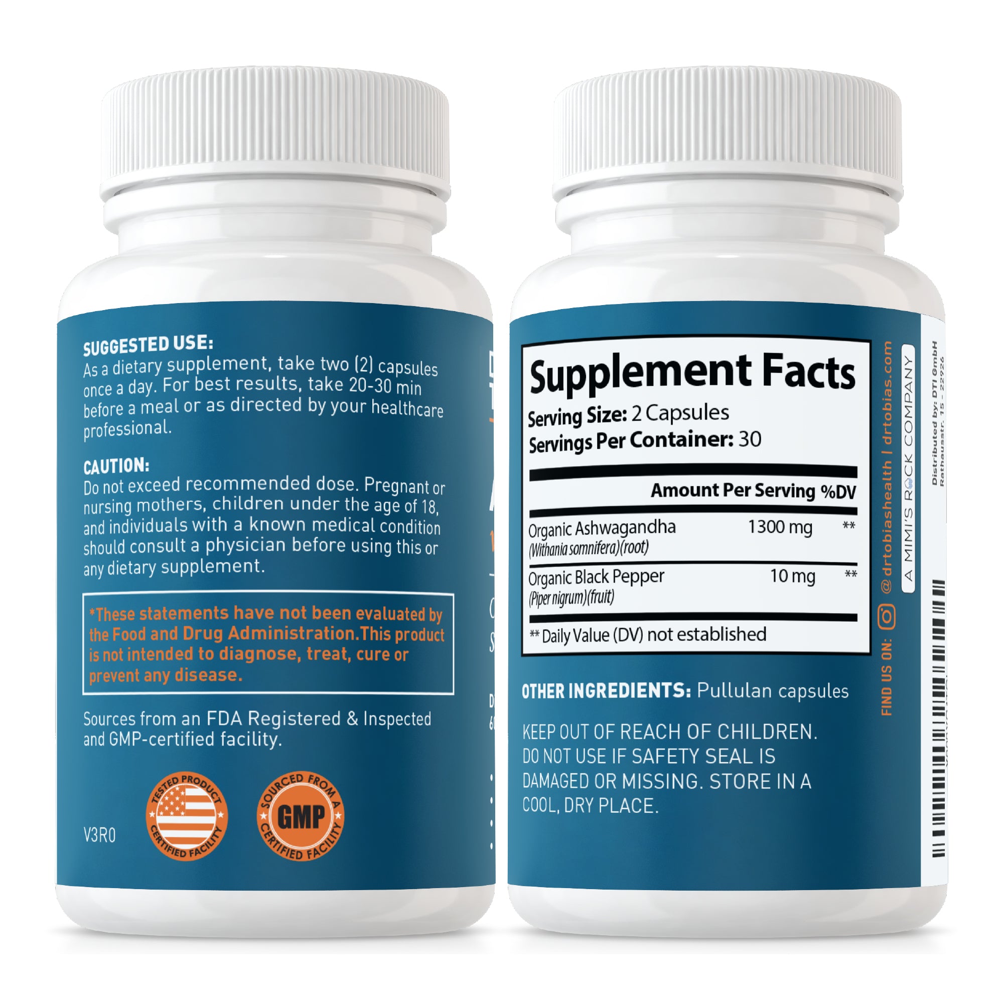 Dr. Tobias Ashwagandha Capsules, 1300mg Organic Ashwagandha Root Extract Per Serving with Black Pepper, Calming Adaptogen, Energy & Focus Supplement