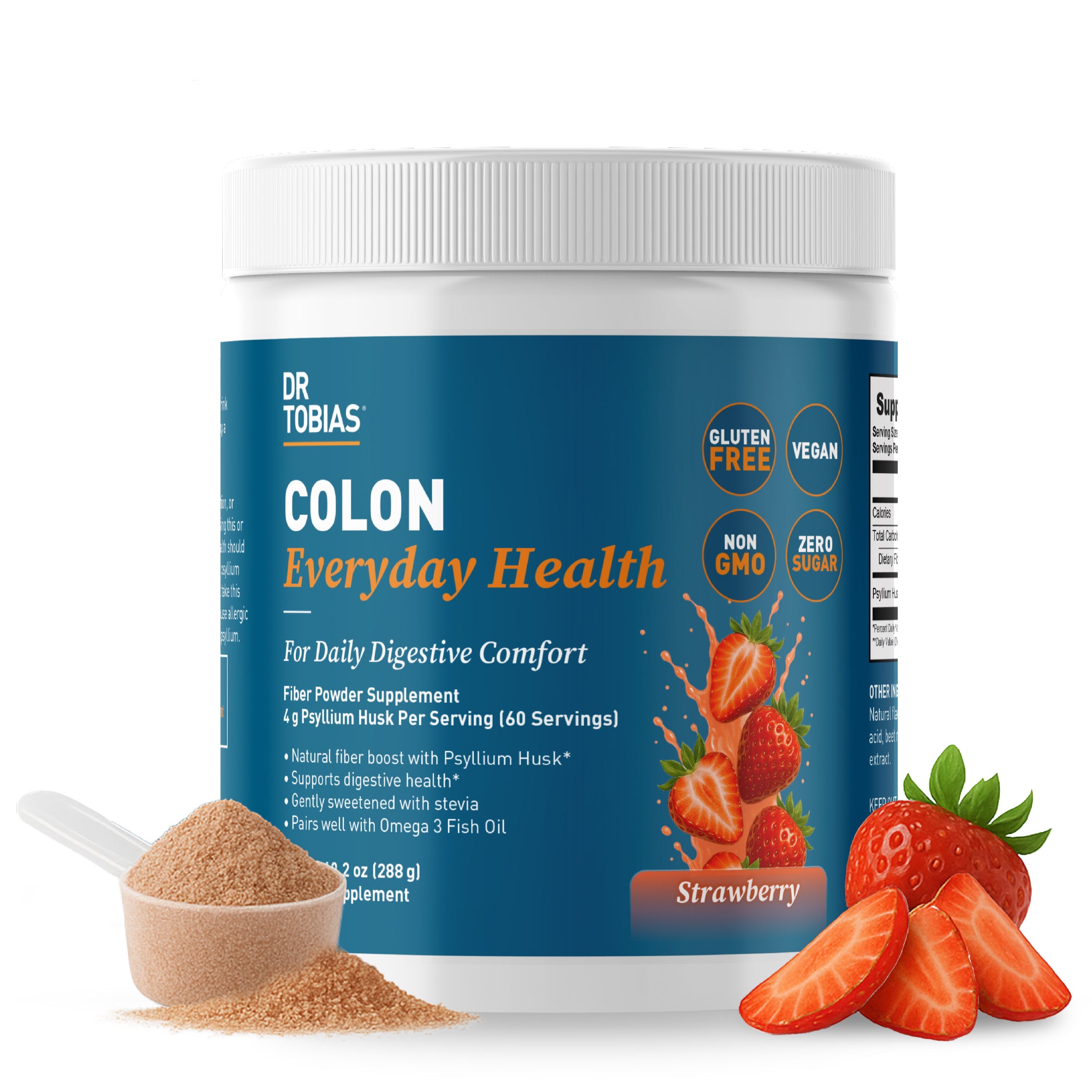 Dr. Tobias Colon Everyday Health - Gut Health for Women & Men Psyllium Fiber Powder Drink with 4g Psyllium Husk Powder per Serving, Strawberry Flavor