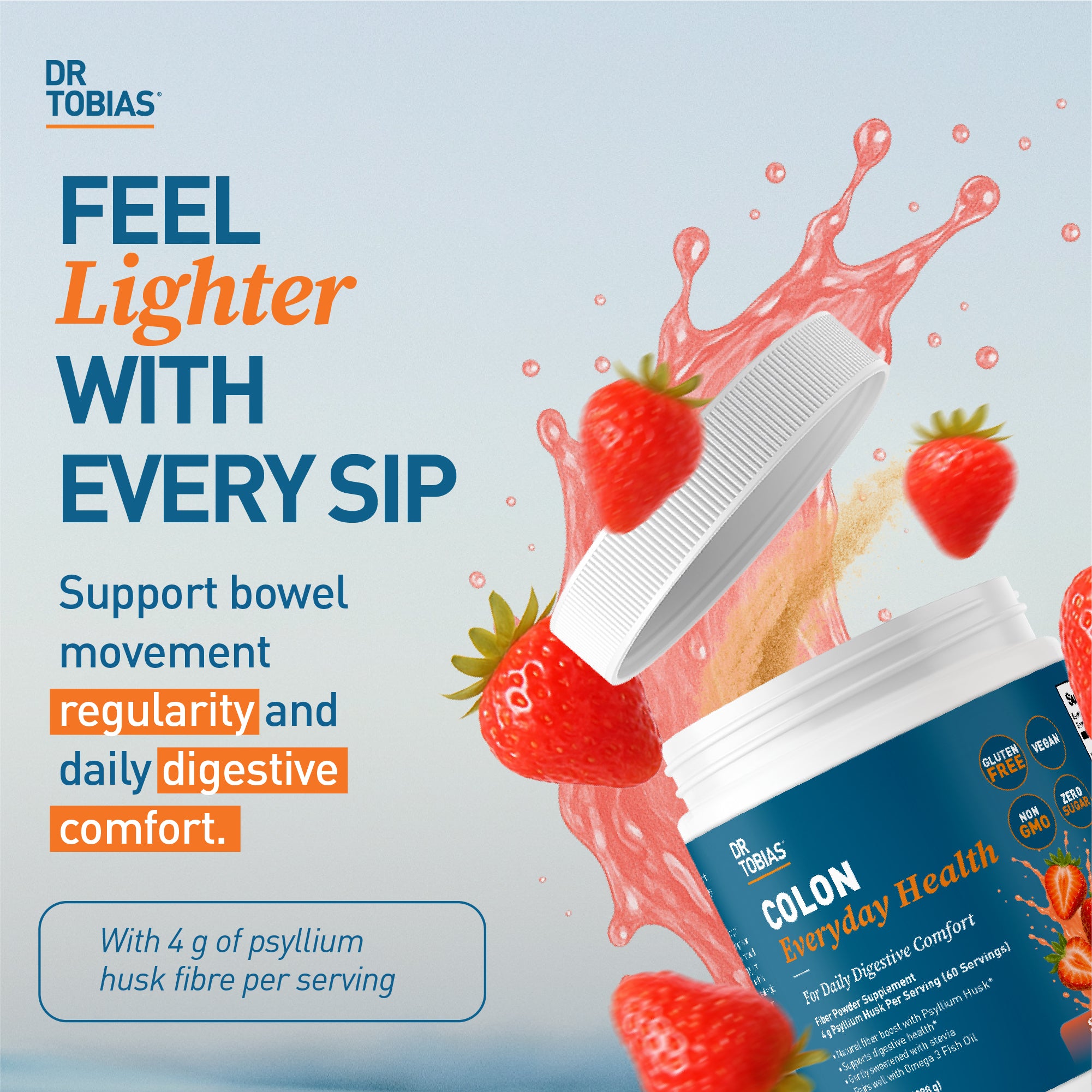 Dr. Tobias Colon Everyday Health - Gut Health for Women & Men Psyllium Fiber Powder Drink with 4g Psyllium Husk Powder per Serving, Strawberry Flavor