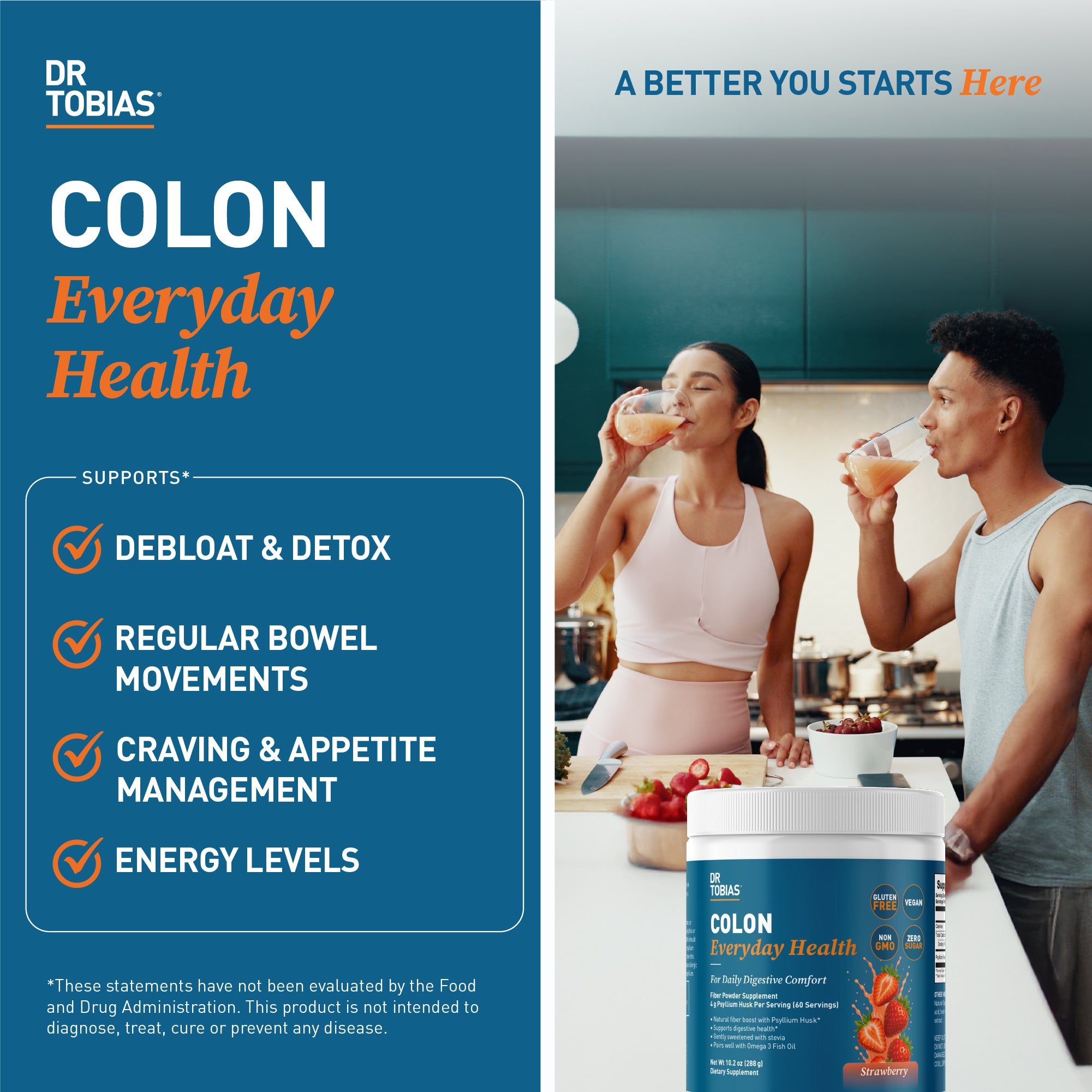 Dr. Tobias Colon Everyday Health - Gut Health for Women & Men Psyllium Fiber Powder Drink with 4g Psyllium Husk Powder per Serving, Strawberry Flavor