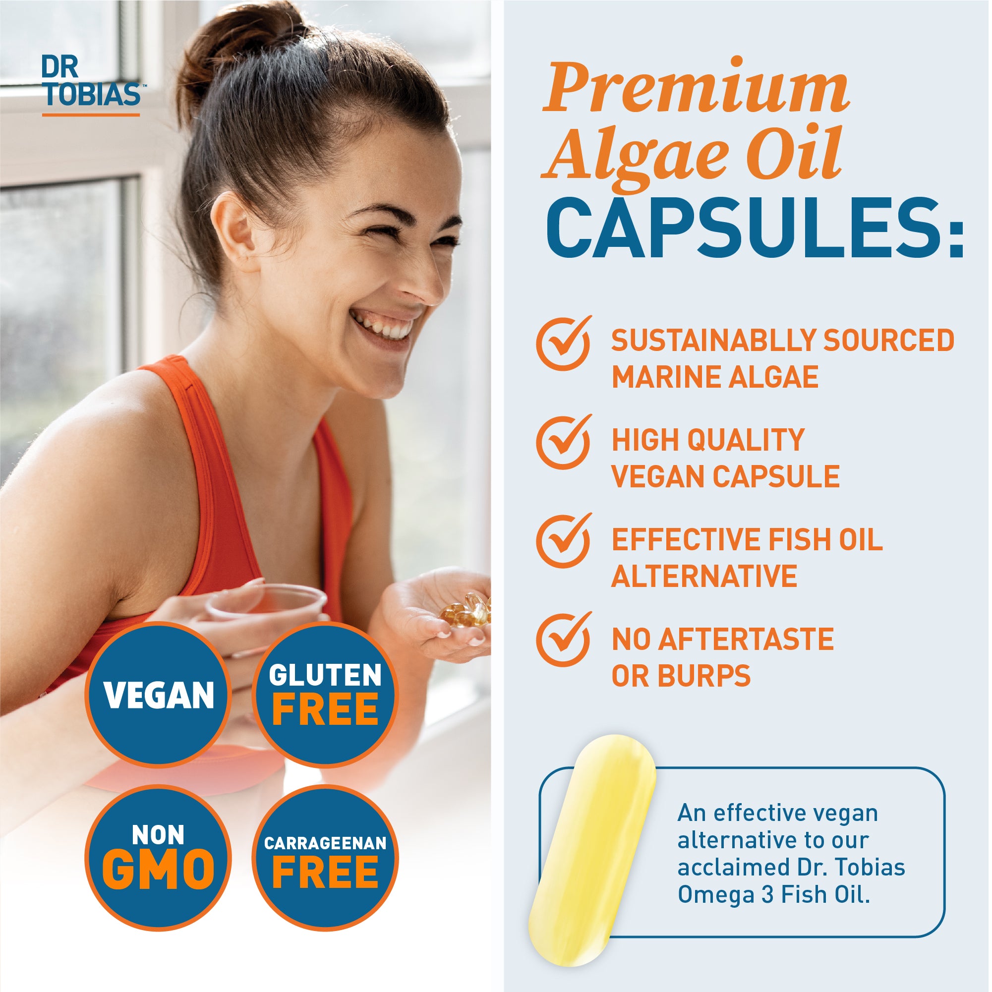 Dr. Tobias Vegan Omega 3 Supplement, 1400mg Algae Oil, 420mg DHA, and 210mg EPA per Serving, Non-GMO, Gluten-Free, Carrageenan-Free