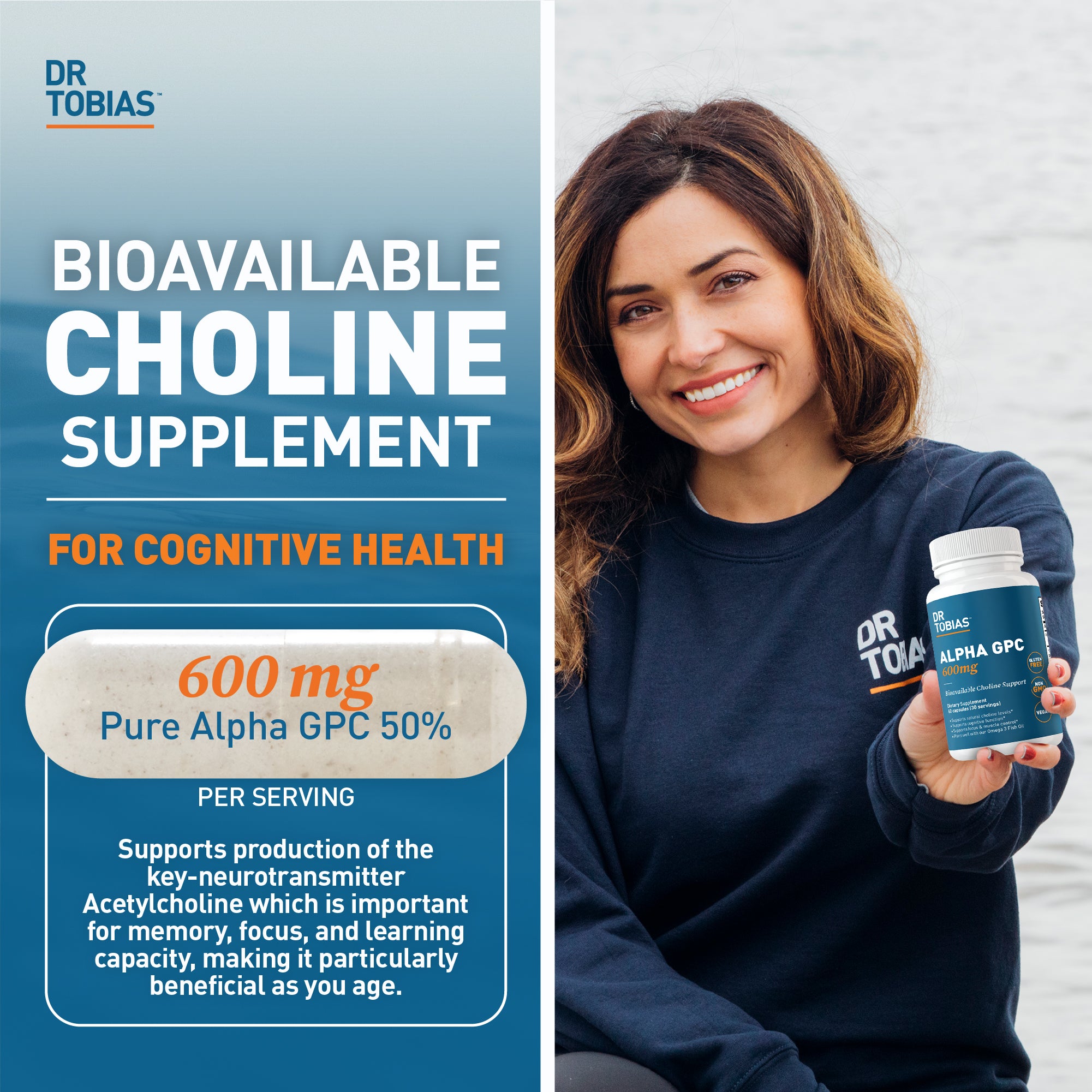 Dr. Tobias Alpha GPC 600mg Per Serving - Bioavailable Choline Supplements for Brain, Memory and Focus - Nootropic Alpha GPC Choline Supplement