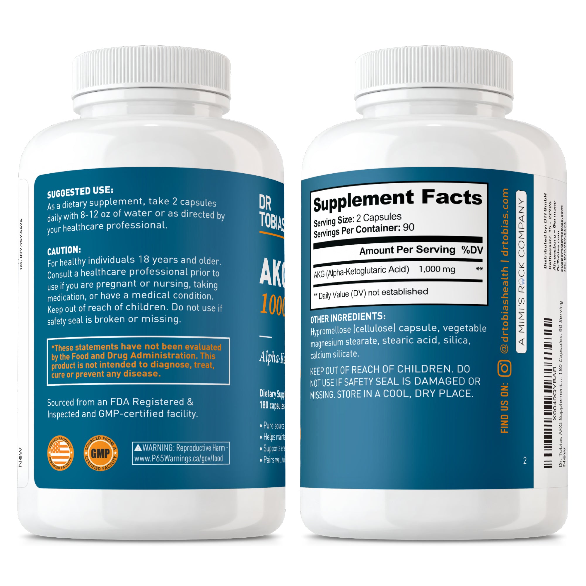 Dr. Tobias AKG Supplement 1000mg Per Serving, Bioavailable Alpha Ketoglutaric Acid, Supports Cellular Energy & Nitric Oxide Flow, Vegan