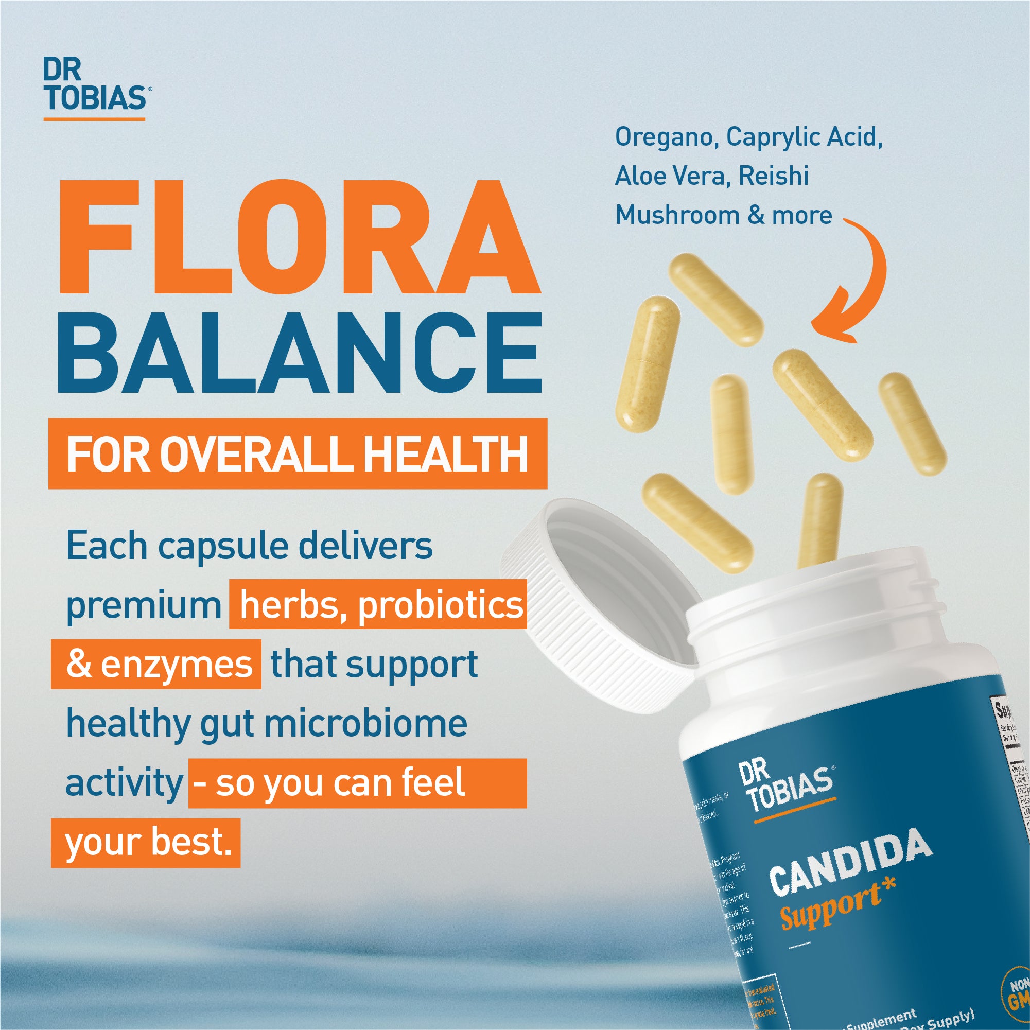 Dr. Tobias Candida Support, Gut Flora Balance Complex with Oregano, Caprylic Acid, Enzymes & Probiotics