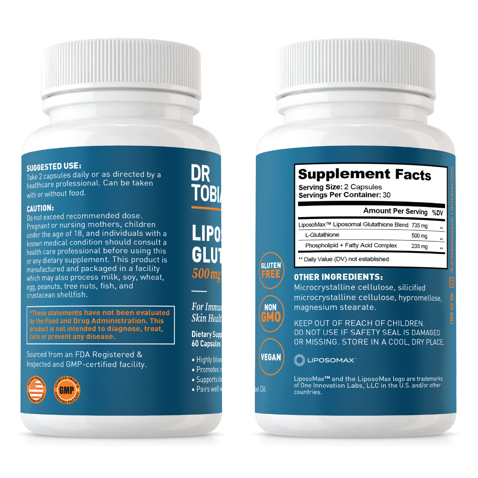 Dr. Tobias Liposomal Glutathione, 500mg Per Serving - Highly Bioavailable Glutathione Supplement, Supports Energy, Skin & Immune Health - Vegan