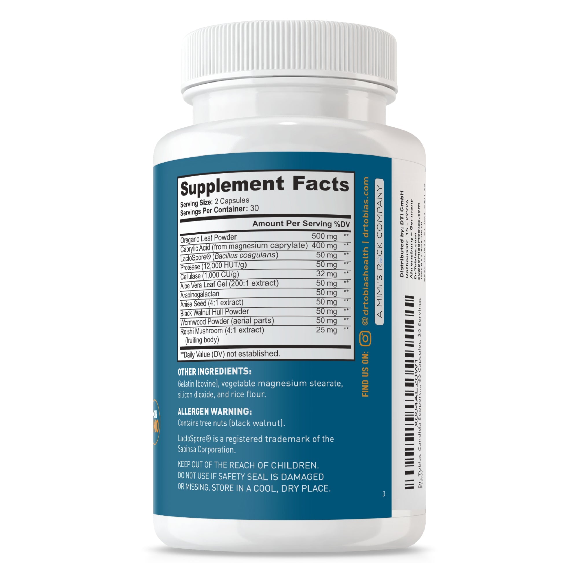 Suggested use instructions and safety label for Dr. Tobias Candida Support